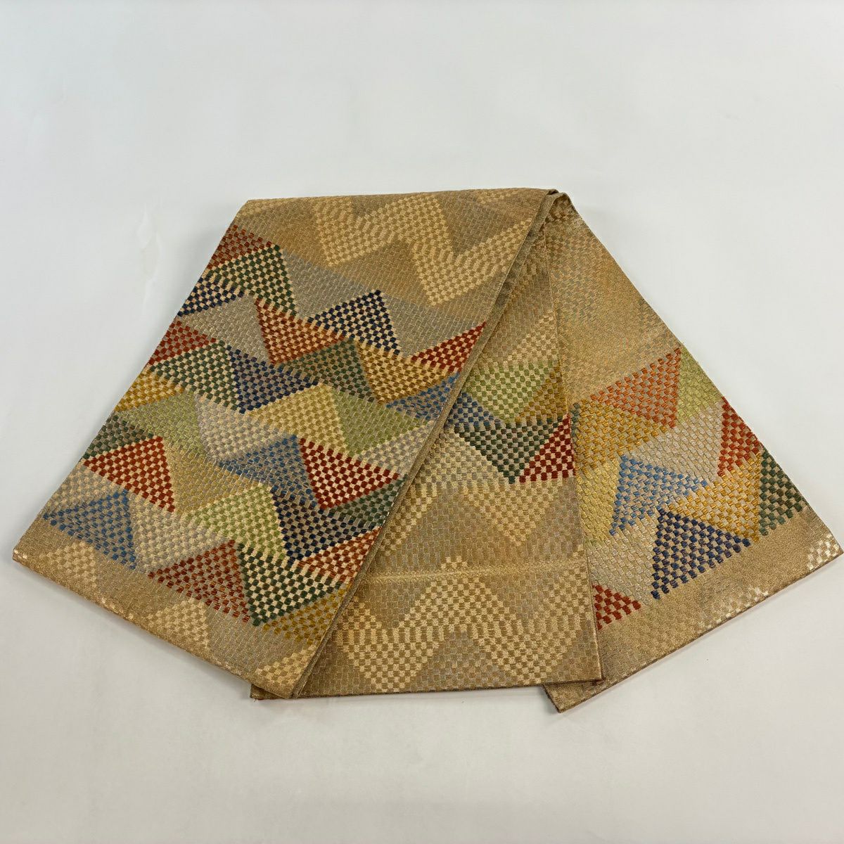 【美品】 袋帶 秀品級 鱗文 段紋 金金箔 金色 大鼓圖案 純蠶絲