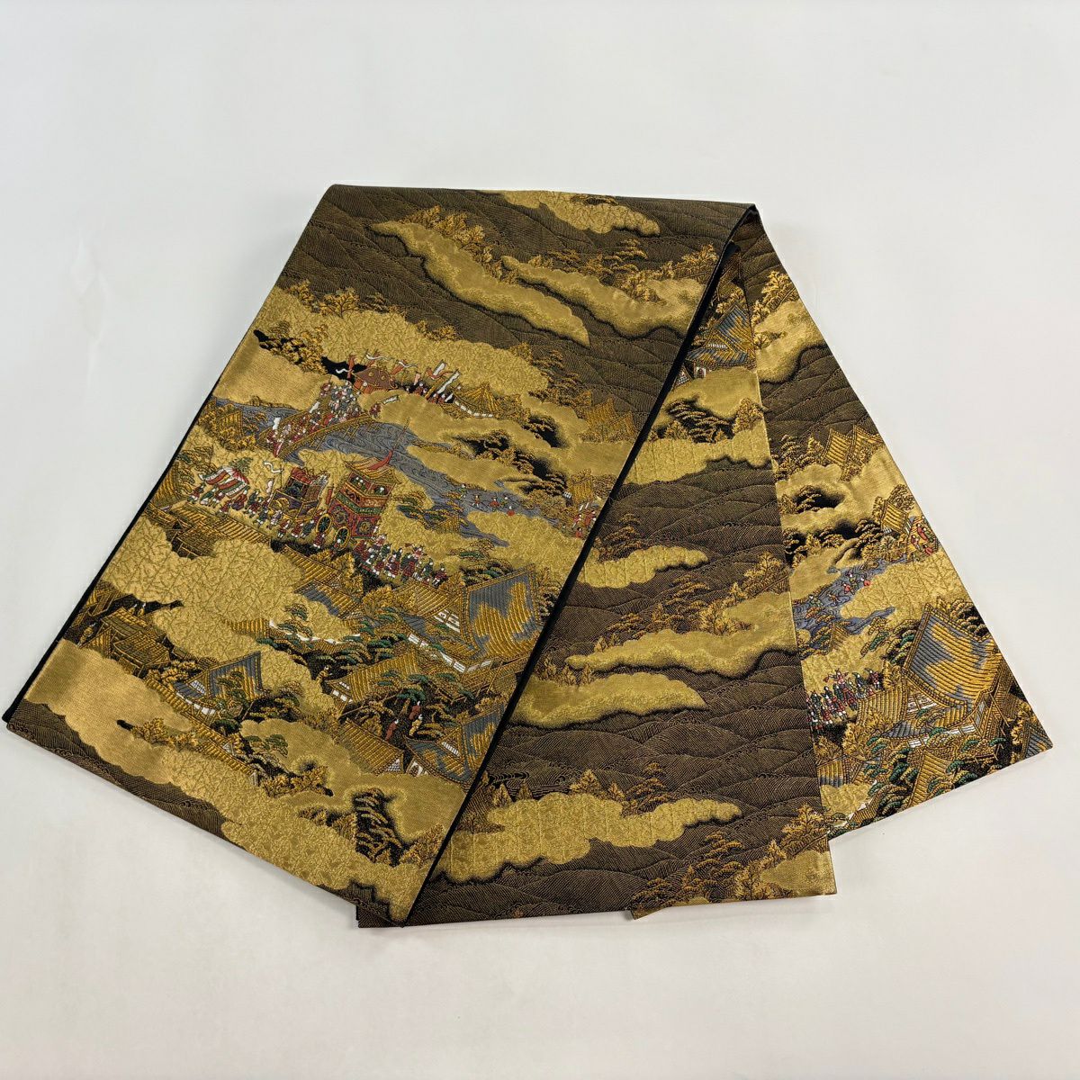 【美品】 袋帶 秀品級 山鉾 建築 金金箔 金絲 金色 大鼓圖案 純蠶絲