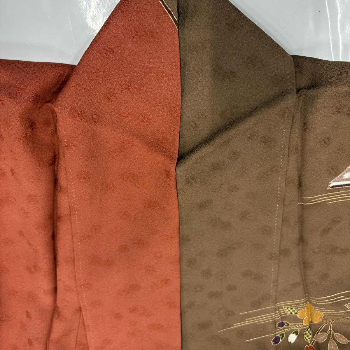 【美品】訪問服 身長158.5cm 袖長65cm M 雙層 冊子紋 枝垂櫻 金絲 金銀彩 紅茶 純蠶絲 優品級