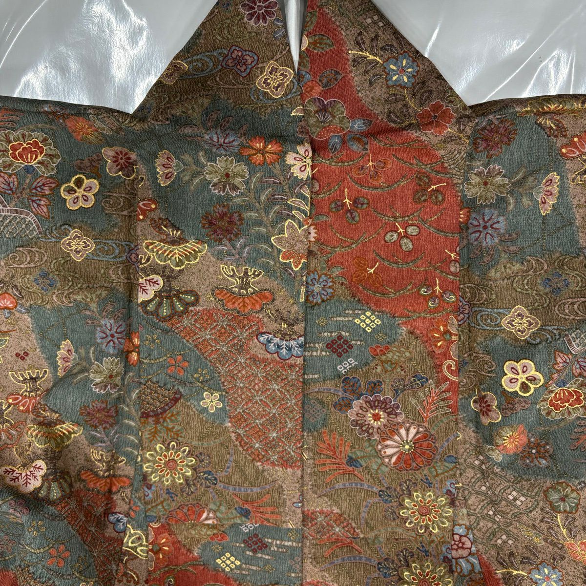 【美品】 小紋 身長155.5cm 袖長62cm S 雙層 草花紋紋 青海波 金銀彩 茶 純蠶絲 優品級