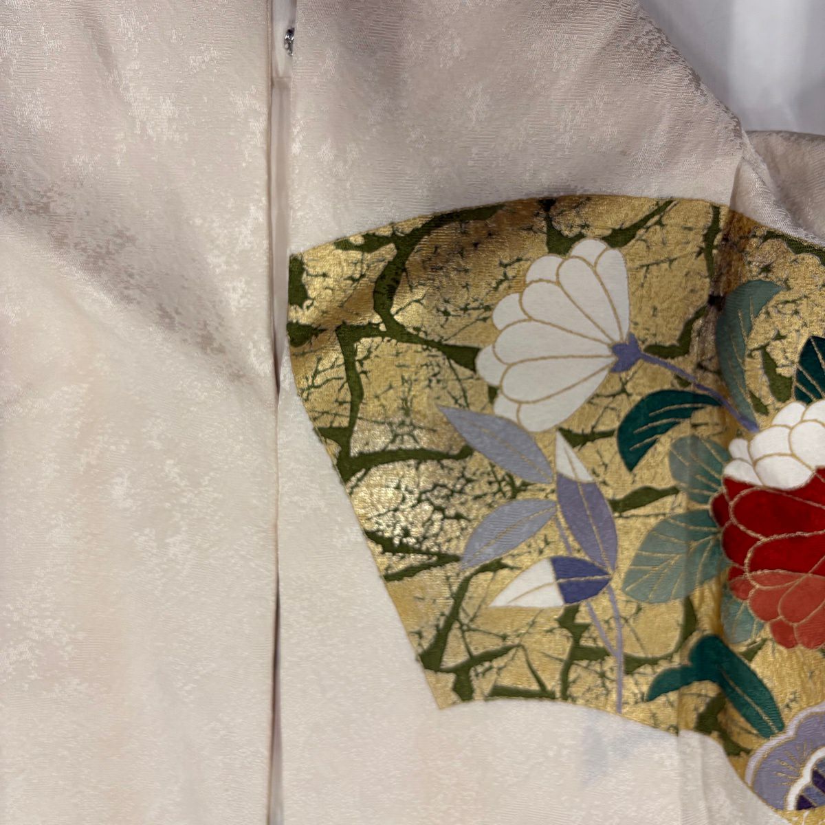 【美品】振袖禮服 身長166.5cm 袖長69.5cm L 雙層 扇子面 草花紋 金絲 金銀彩 奶油色 純蠶絲 名品級