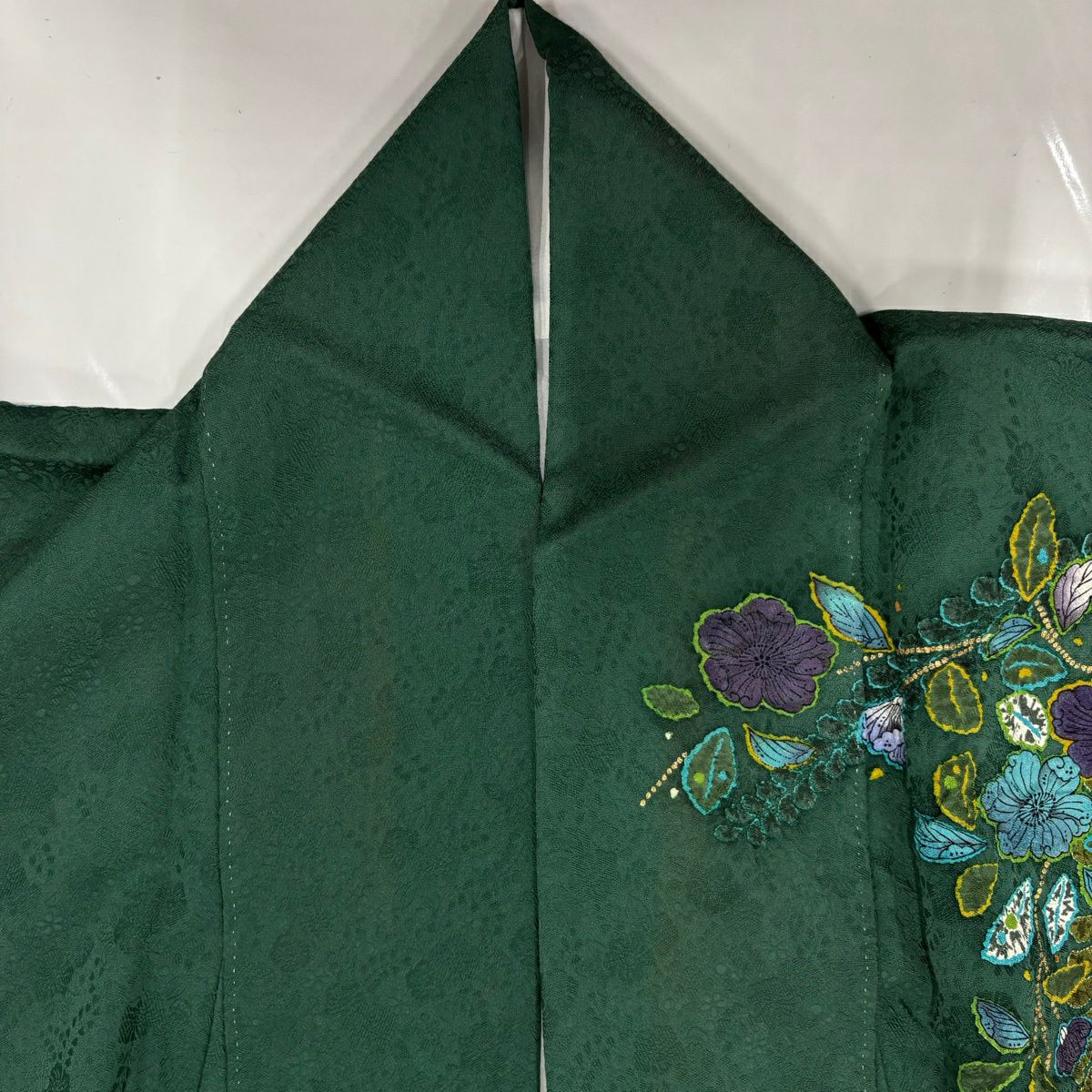 訪問服 身長156.5cm 袖長66cm M 雙層 落款あり 辻花染 地紋 金彩裝飾 漸層 綠 純蠶絲 名品級