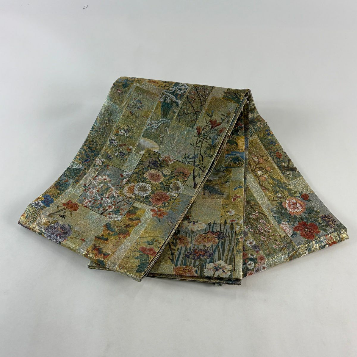 【美品】 袋帶 名品級 短冊 花鳥 金絲 金金箔 灰綠 お太鼓圖案 純蠶絲