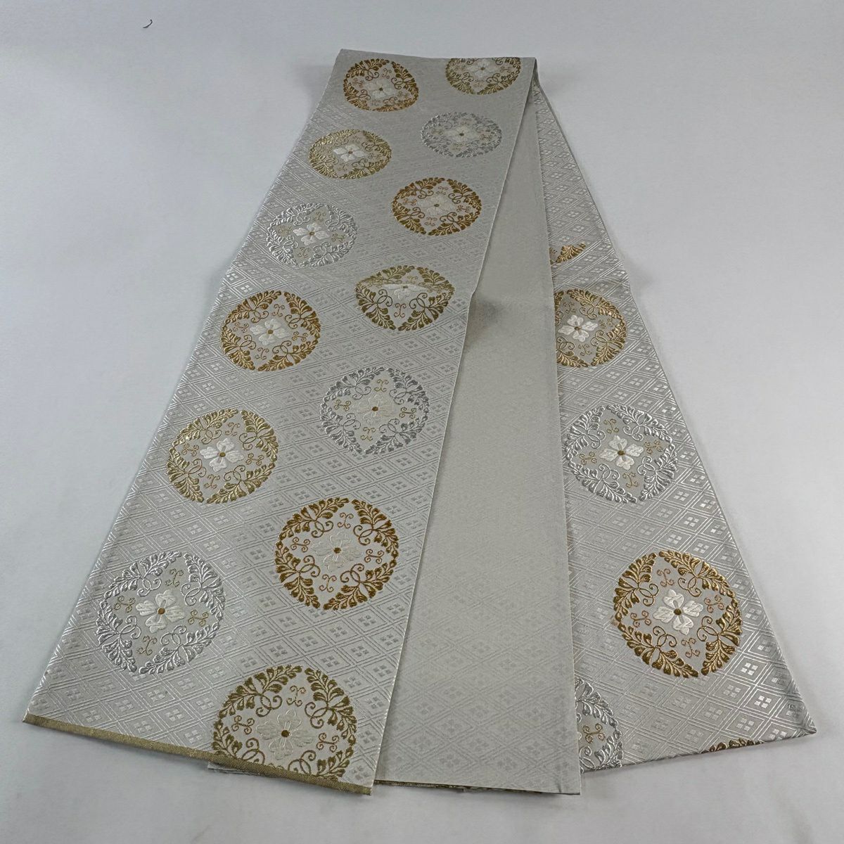 袋帶 名品級 八ツ藤紋 菱 金銀線 刺繡 灰 深藍 六通 純蠶絲