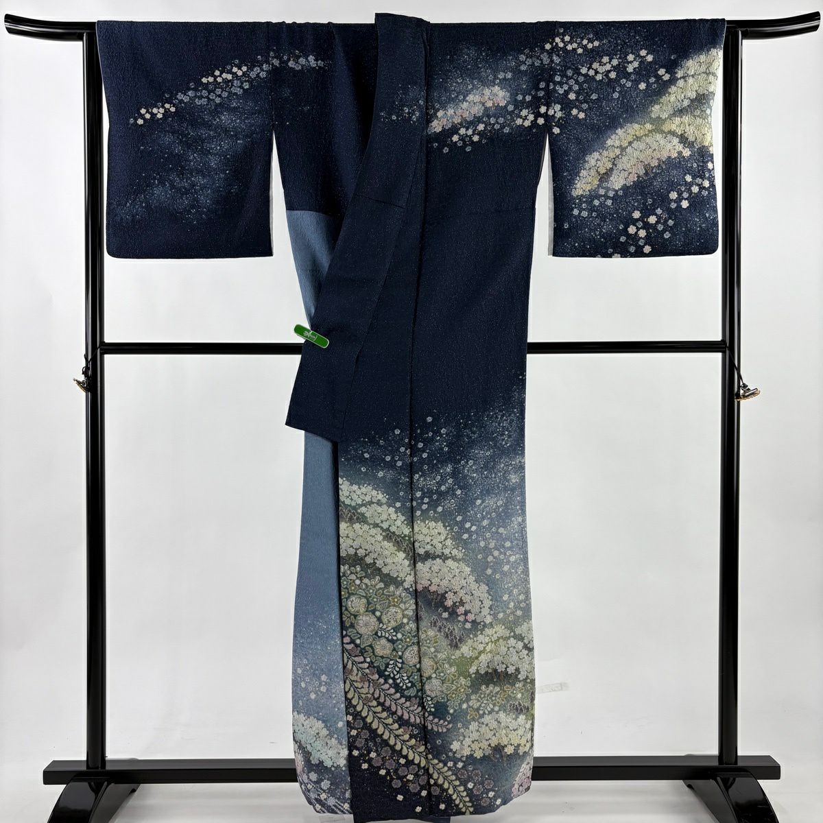 訪問服 身長160cm 袖長69cm L 雙層 吉乃一廉 落款あり 辻花染櫻 銀通 金銀彩 深藍 純蠶絲 逸品級
