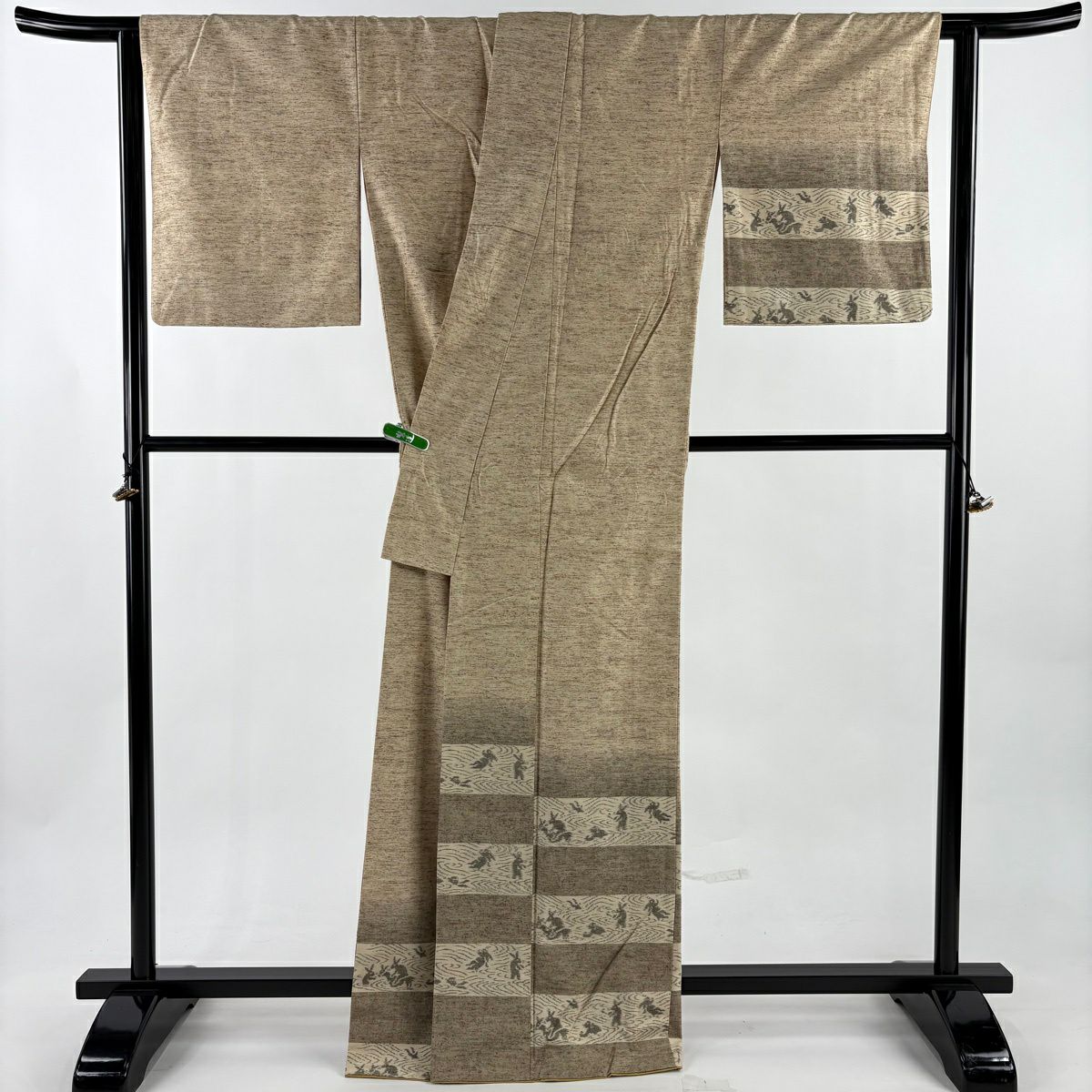 【美品】 付下 身長166cm 袖長64.5cm M 雙層 蕨紬織織 根津儀一 兔子 流水 淺茶 純蠶絲 逸品級