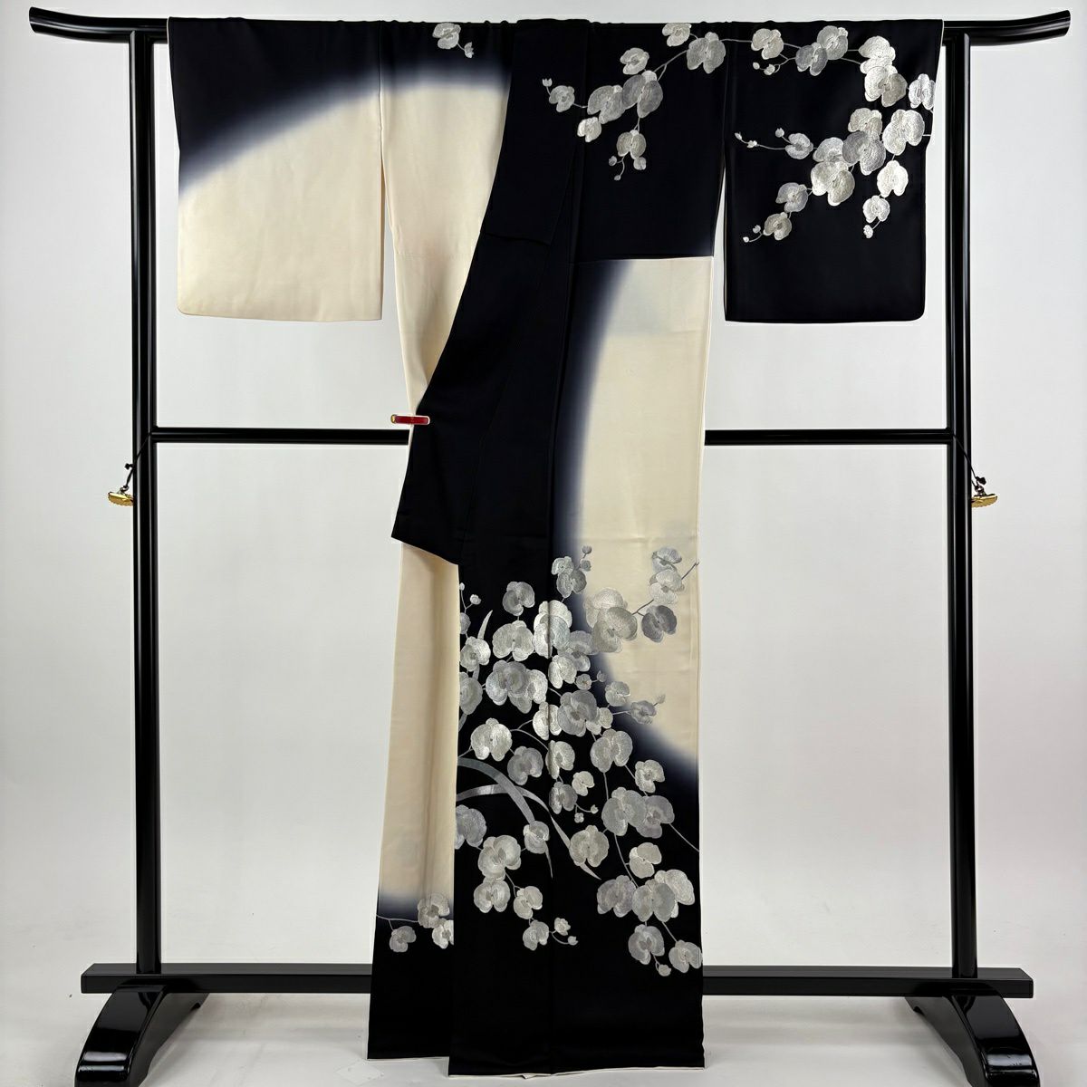 訪問服 身長164.5cm 袖長66cm M 雙層 胡蝶蘭 刺繡 金糸 黑 純蠶絲 逸品級