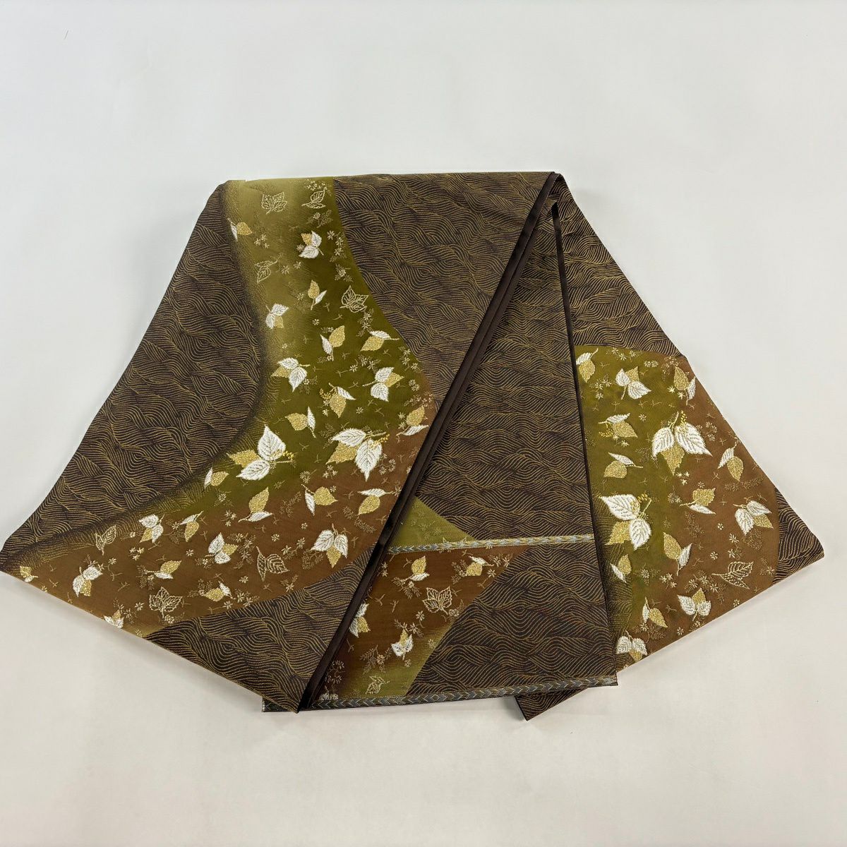 【美品】 袋帶 逸品級 誉田屋源兵衛 落款あり 關西仕立 雜花 波 金絲 茶 お太鼓圖案 純蠶絲