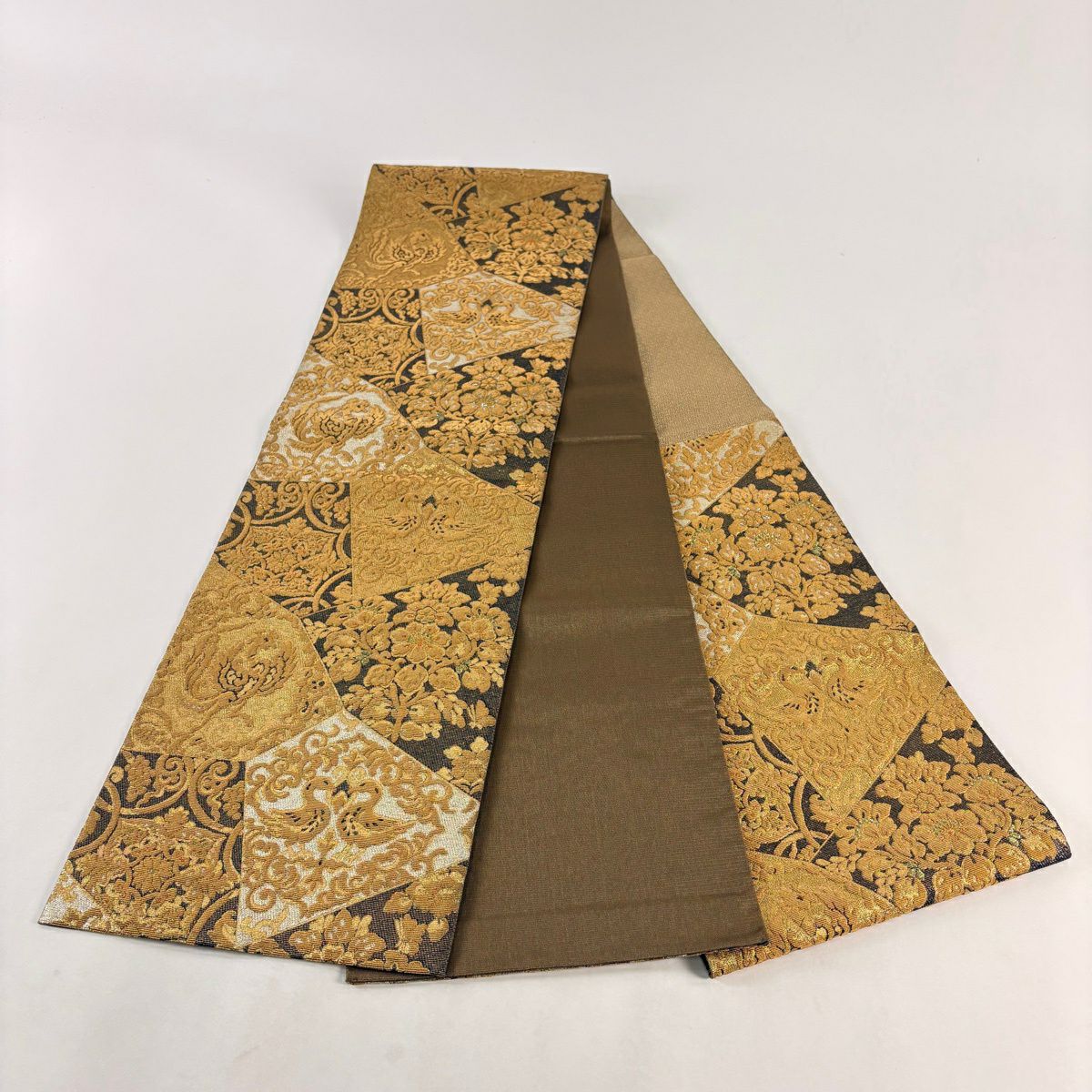 【美品】 袋帶 名品級 草花紋紋 鳳凰 金絲 金金箔 金 六通 純蠶絲