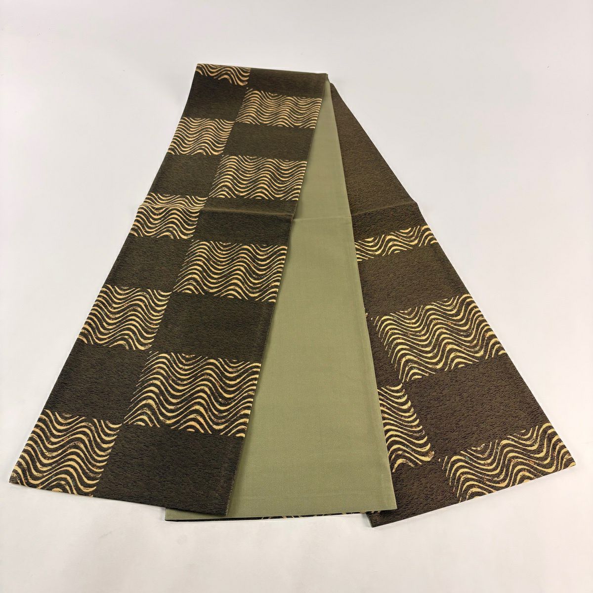【美品】 袋帶 名品級 柿渋染 よろけ縞 深藍 六通 純蠶絲