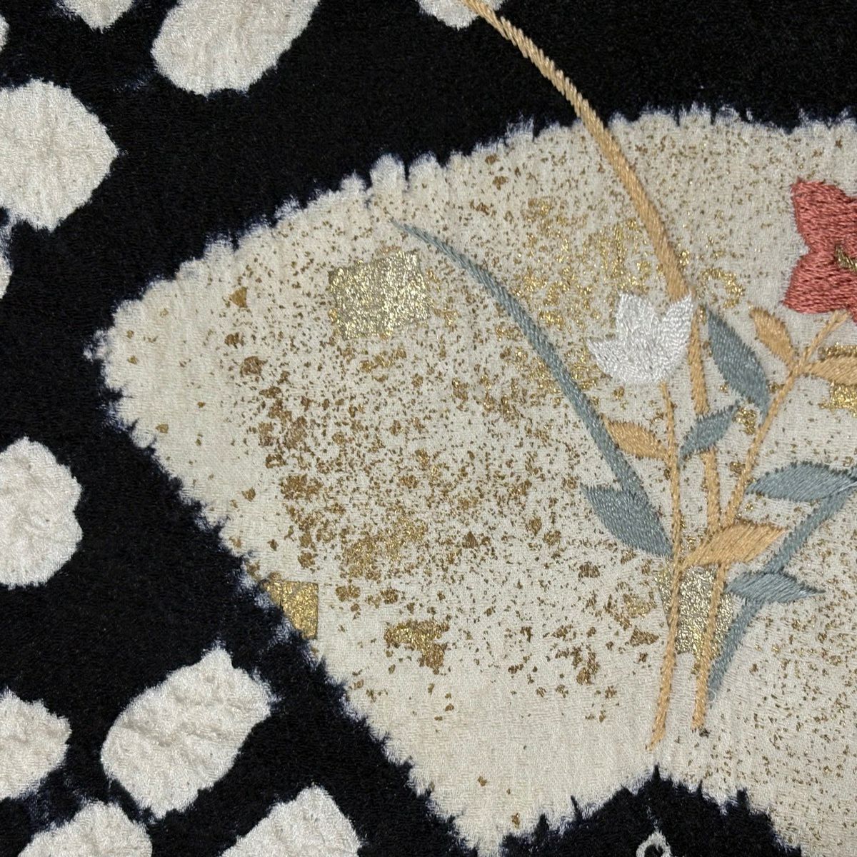 訪問服 身長154cm 袖長61cm S 雙層 萬壽菊花 扇子面 刺繡 絞染 黑 純蠶絲 名品級