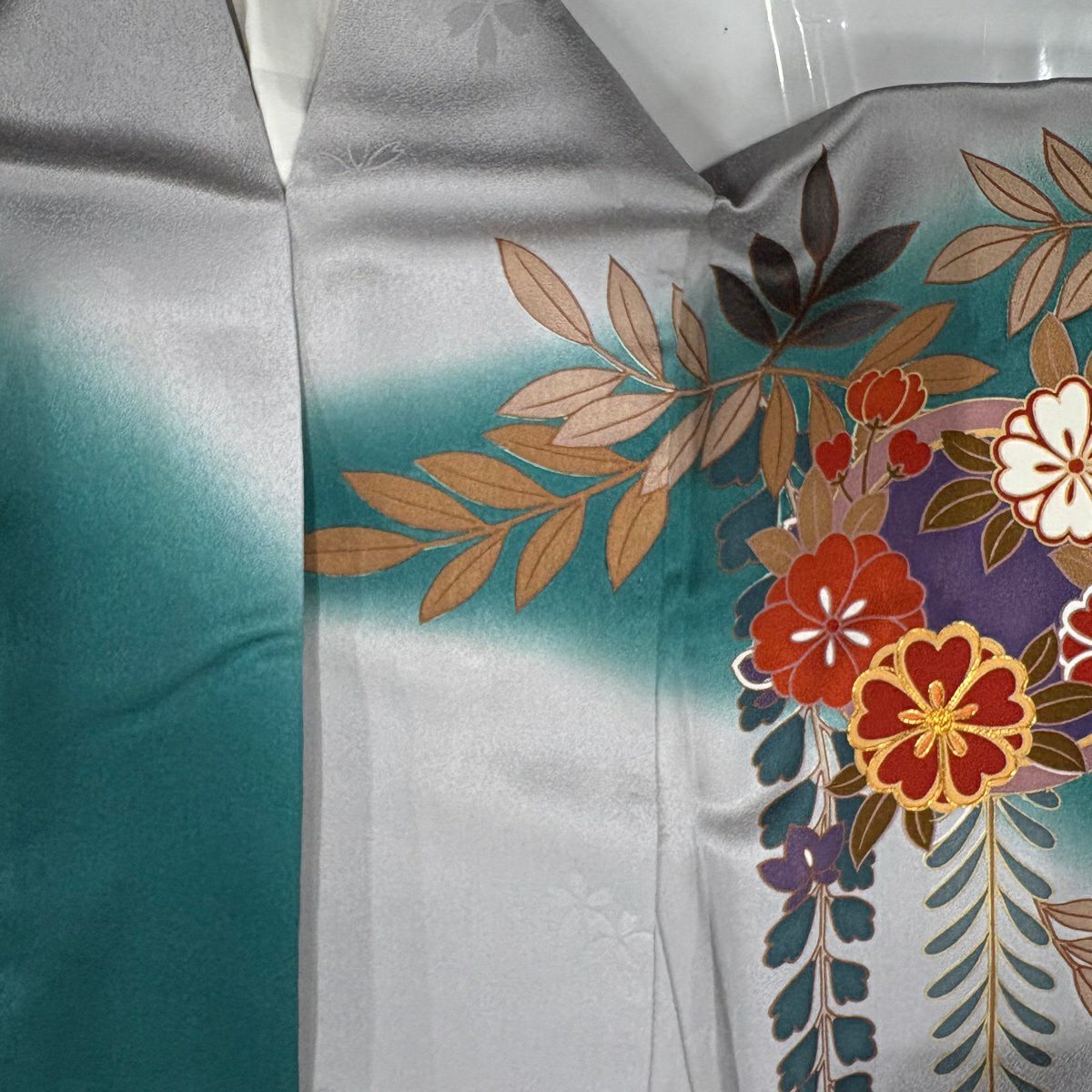 【美品】振袖禮服 身長172cm 袖長68cm L 雙層 橘 紫 金絲 金銀彩 綠 純蠶絲 秀品級