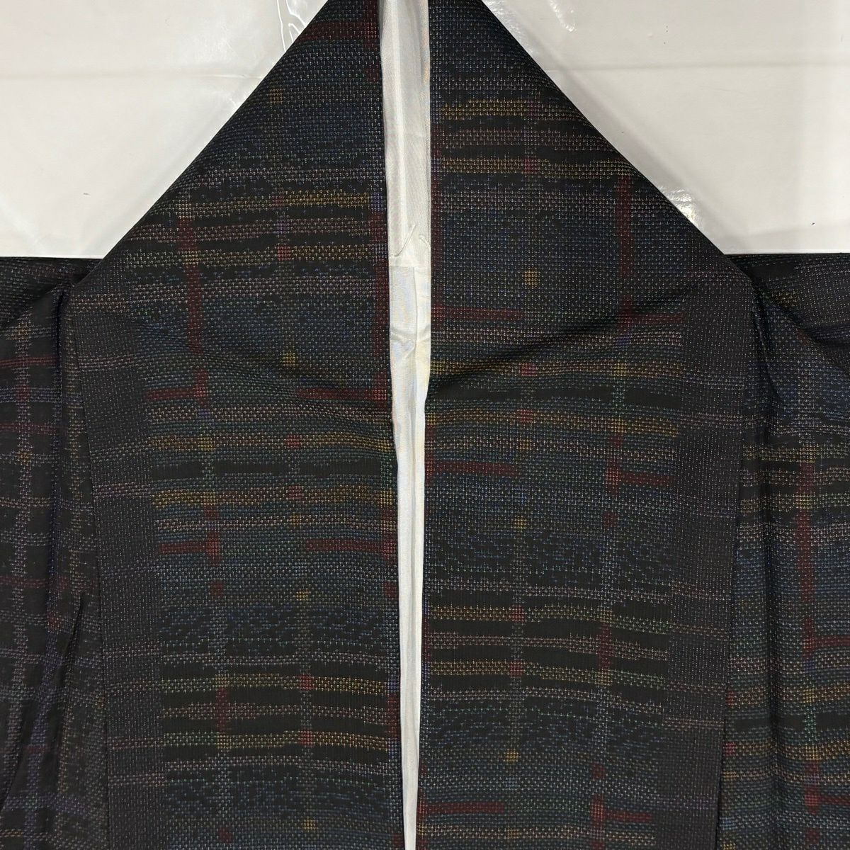 【美品】 紬織 身長164.5cm 袖長64cm M 雙層 格子 墨 黑 純蠶絲 秀品級