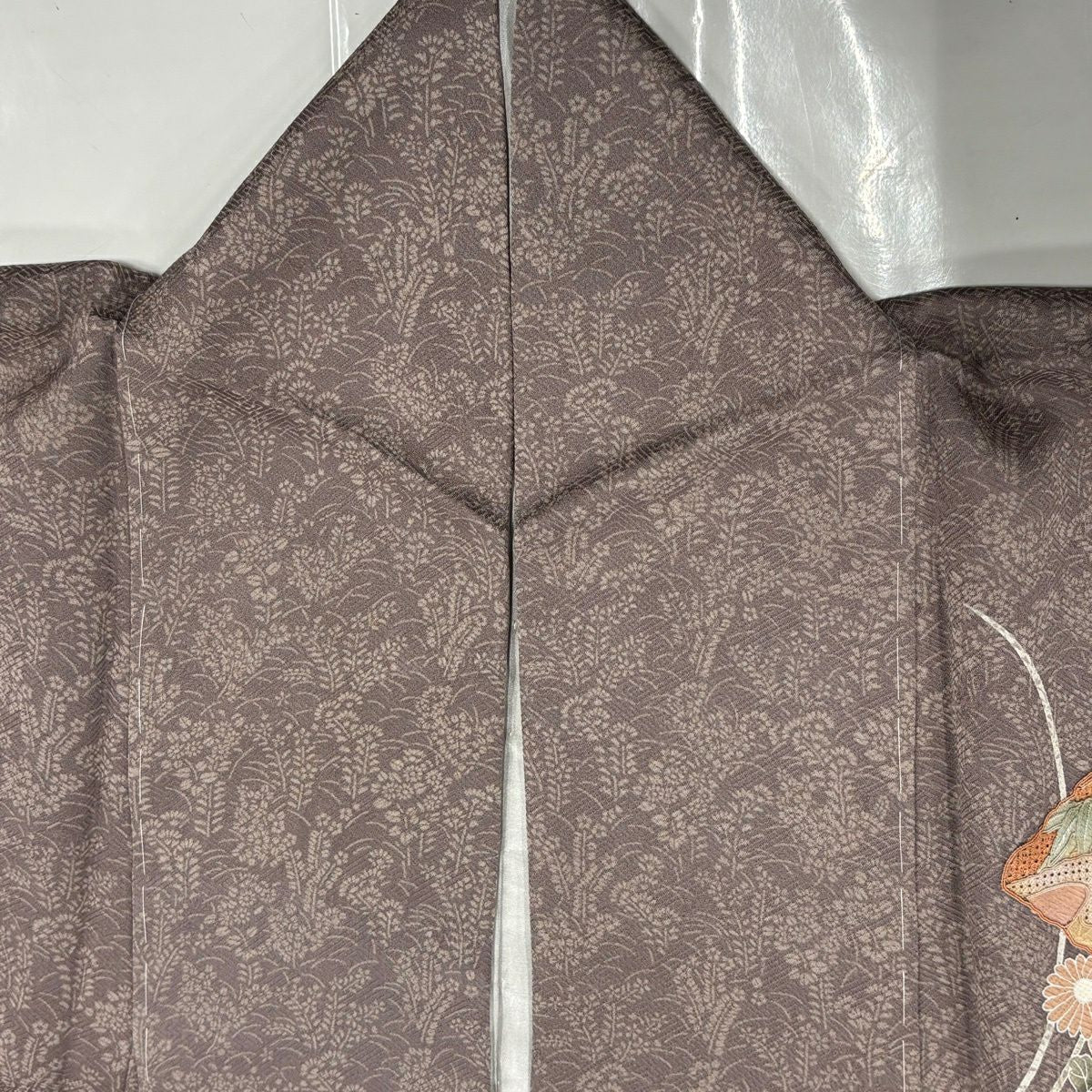 付下 身長151cm 袖長64cm M 雙層 扇子面 草花紋刺繡 金彩裝飾 灰紫 純蠶絲 秀品級 一つ紋