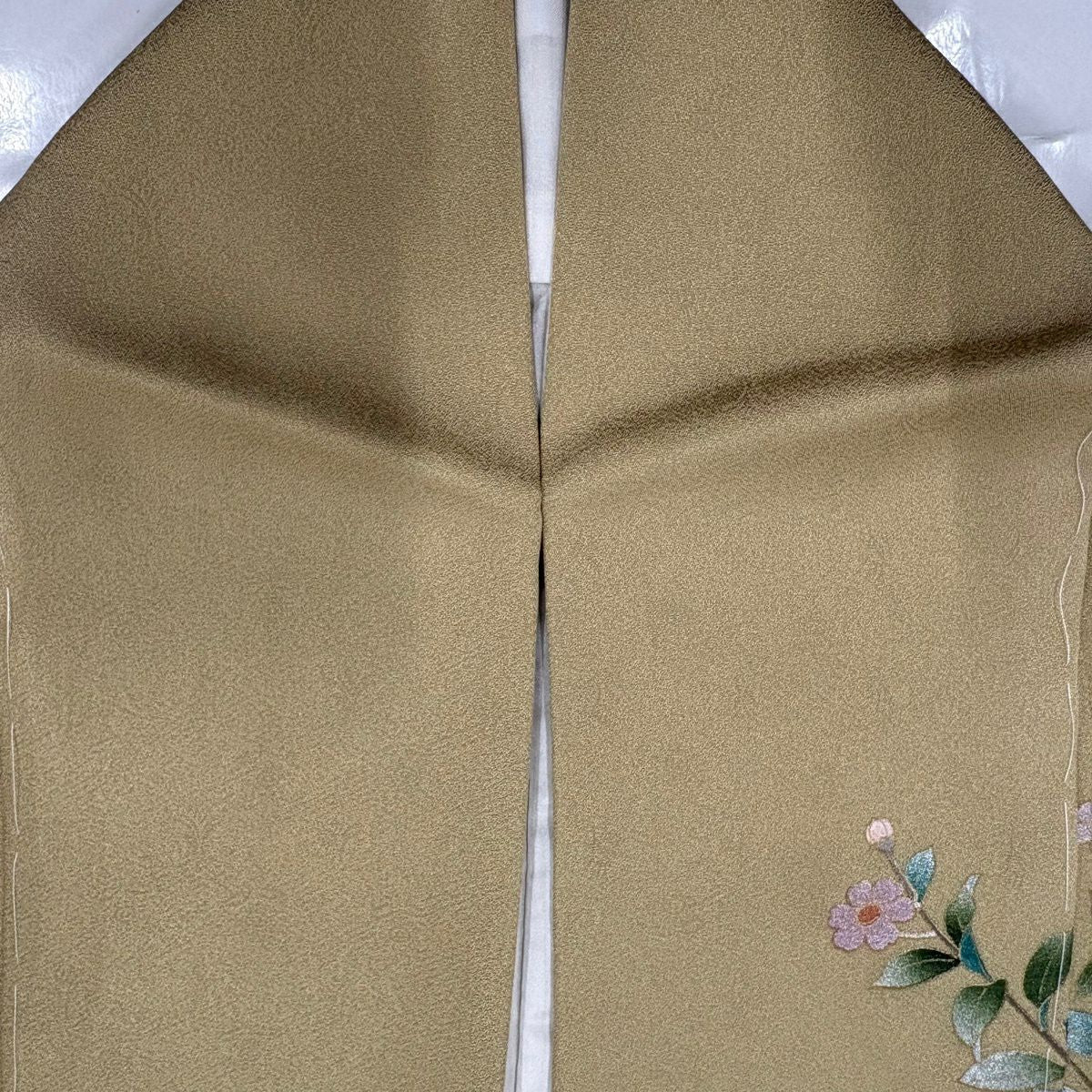 【美品】訪問服 身長157cm 袖長63cm S 雙層 枝花 扇子面 刺繡 金糸 茶綠 純蠶絲 秀品級