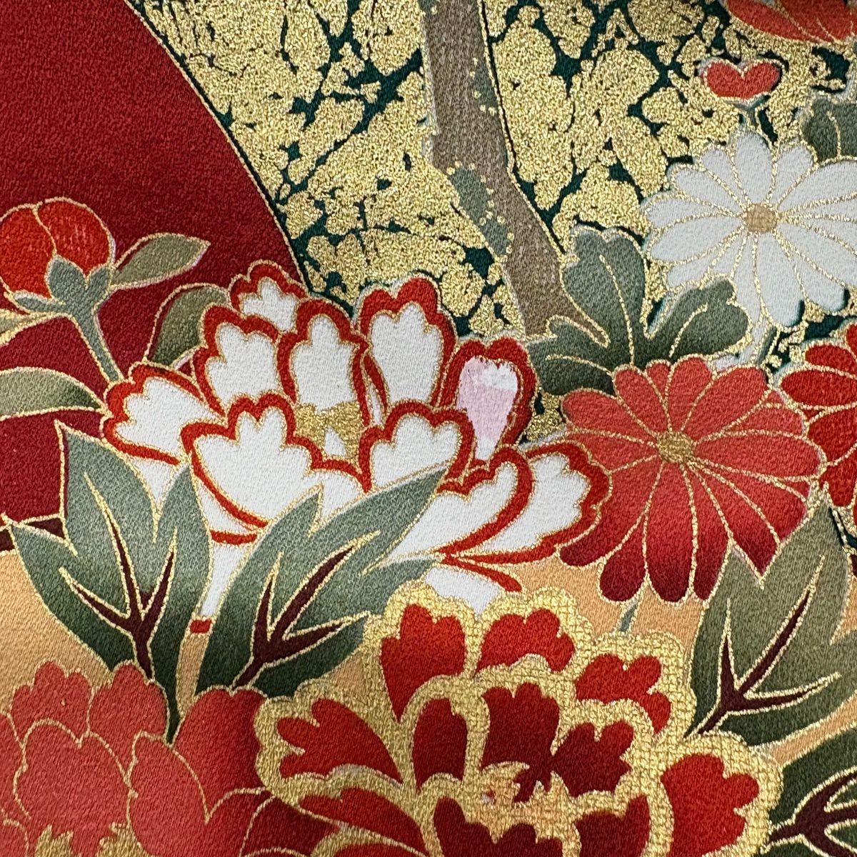 【美品】振袖禮服 身長172.5cm 袖長67.5cm L 雙層 扇子面 花車 金絲 金銀彩 綠 純蠶絲 秀品級