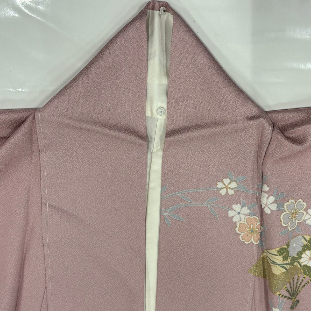 訪問服 身長164.5cm 袖長65cm M 雙層 扇子花鳥 金彩裝飾 漸層 粉紅 純蠶絲 秀品級