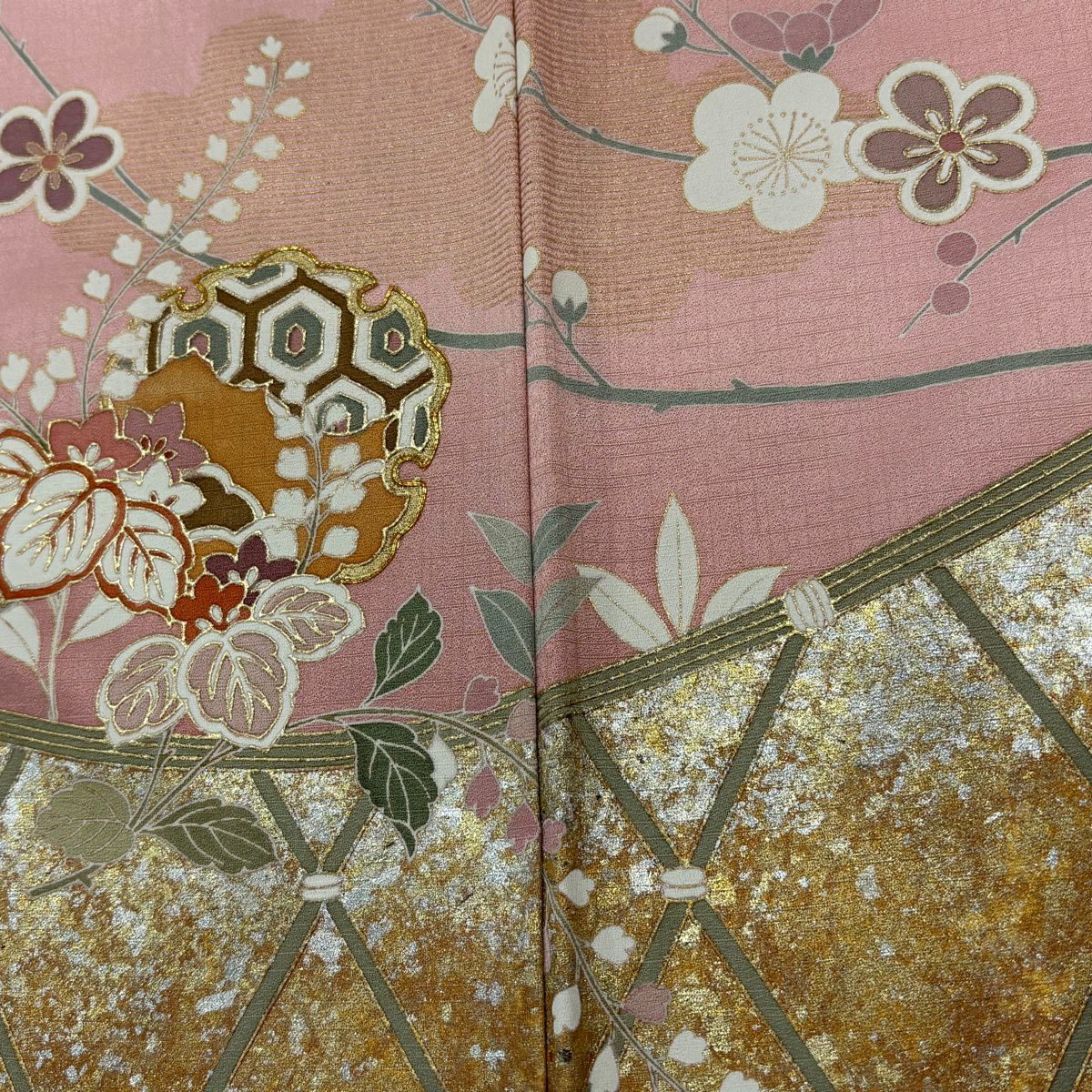 訪問服 身長166cm 袖長65.5cm M 雙層 雪輪 松樹 金銀彩 金絲 粉色 純蠶絲 優品級