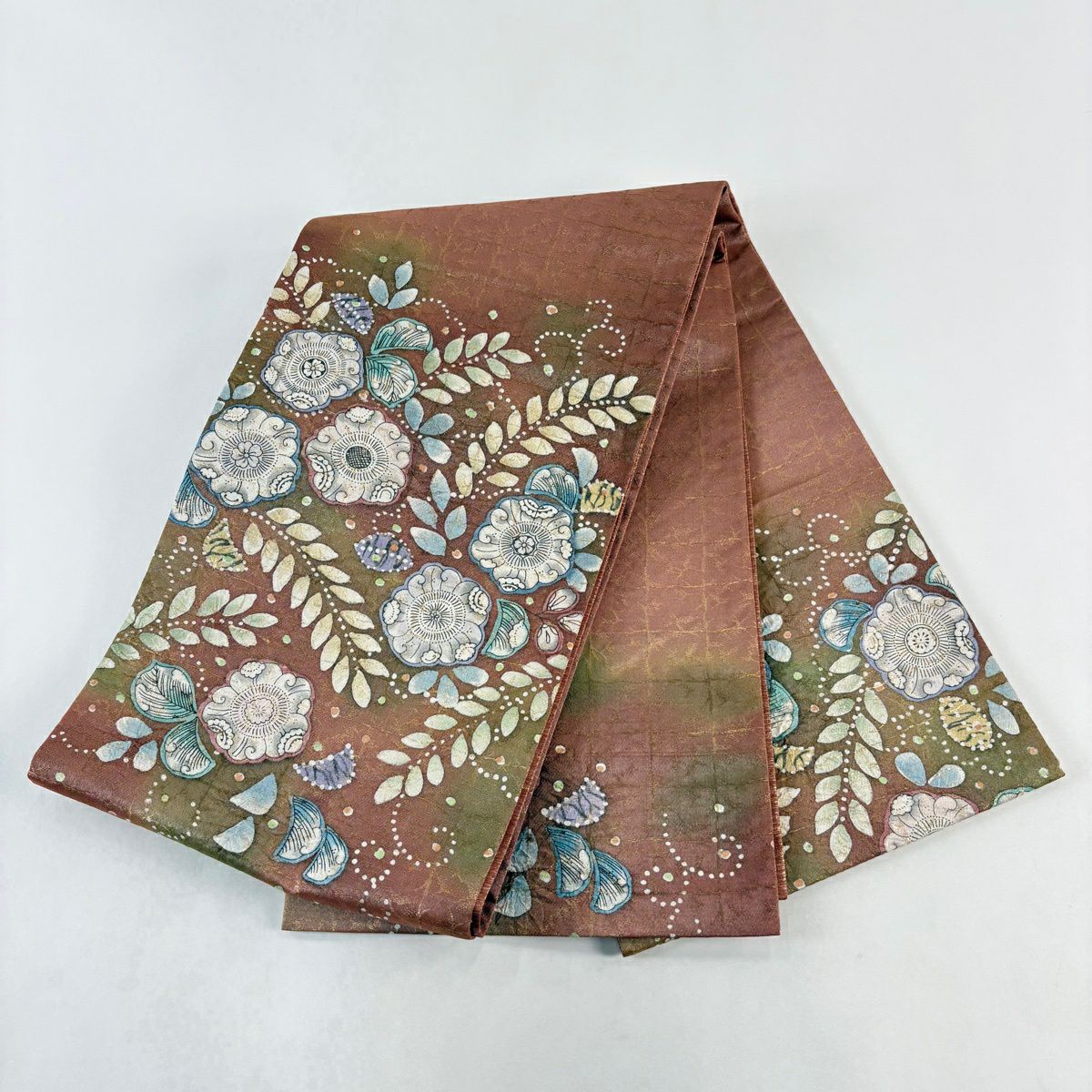 【美品】 袋帶 優品級 辻花染圖案 金金箔 紅茶 大鼓圖案 純蠶絲