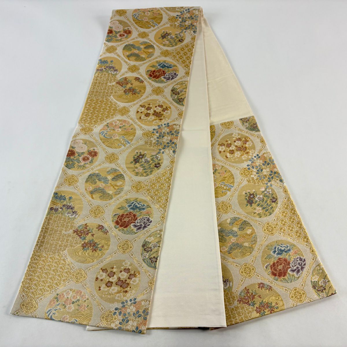 【美品】 袋帶 秀品級 松樹梅花 草花紋 金絲 金金箔 金色 六通 純蠶絲