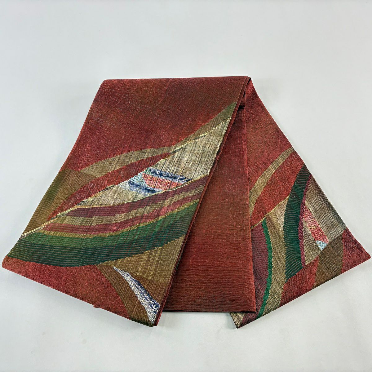 【美品】 袋帶 秀品級 夏帶 幾何學 金金箔 茜色 大鼓圖案 純蠶絲