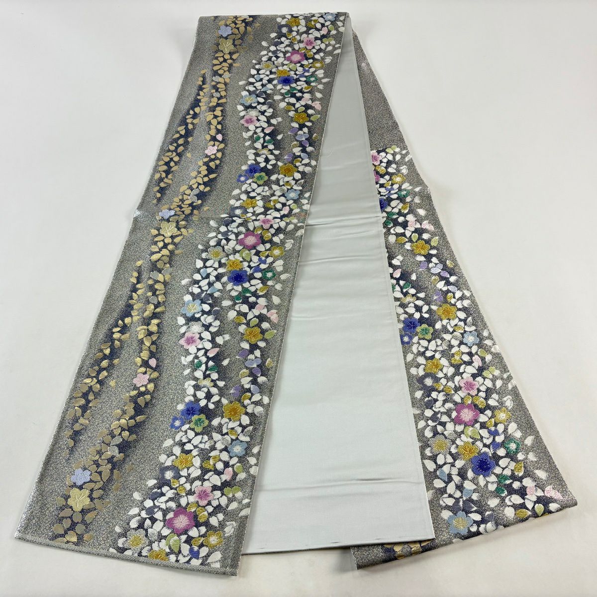 【美品】 袋帶 秀品級 證書齊全 櫻花花瓣 金銀絲 金金箔 銀色 六通 純蠶絲