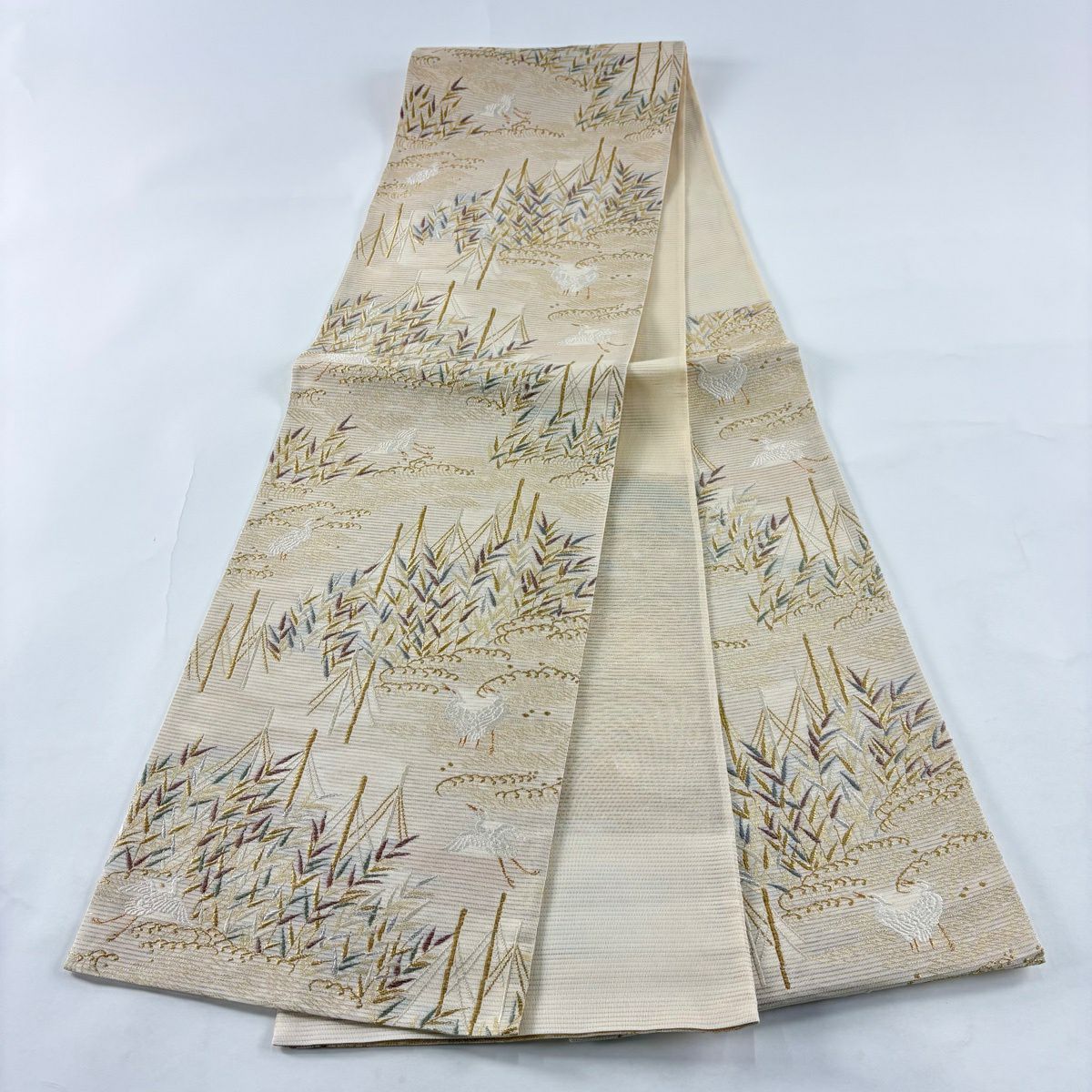 【美品】 袋帶 秀品級 夏帶 葉 鳥 金銀彩 米色 六通 純蠶絲