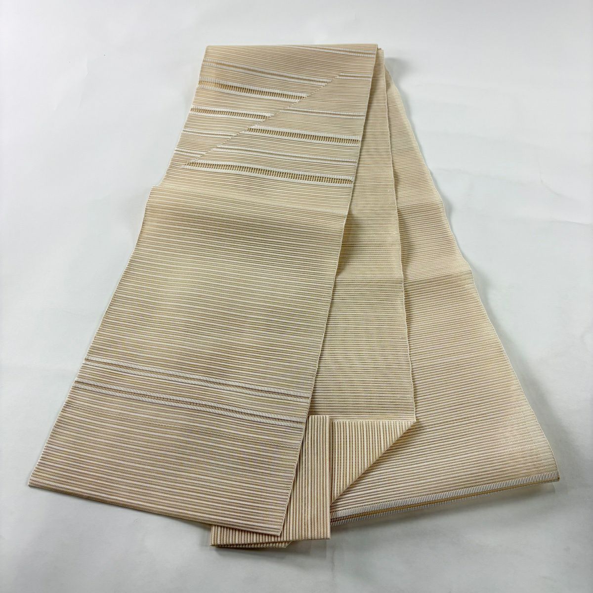 【美品】名古屋帶 秀品級 夏帶 絽 松樹葉仕立 八寸名古屋帶 幾何學 米色 純蠶絲