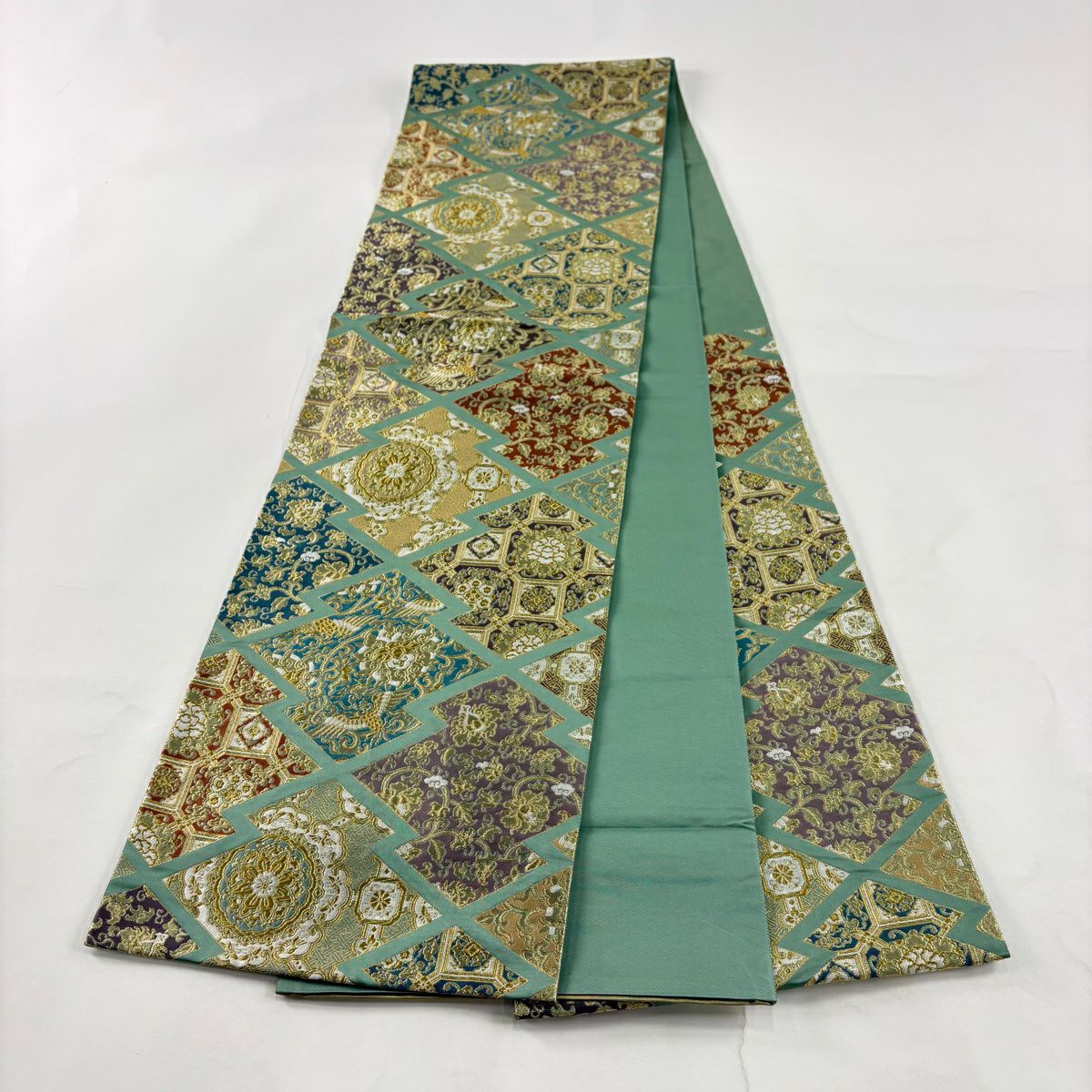【美品】 袋帶 秀品級 松樹皮菱 花唐草紋 金糸 金金箔 淺綠 六通 純蠶絲