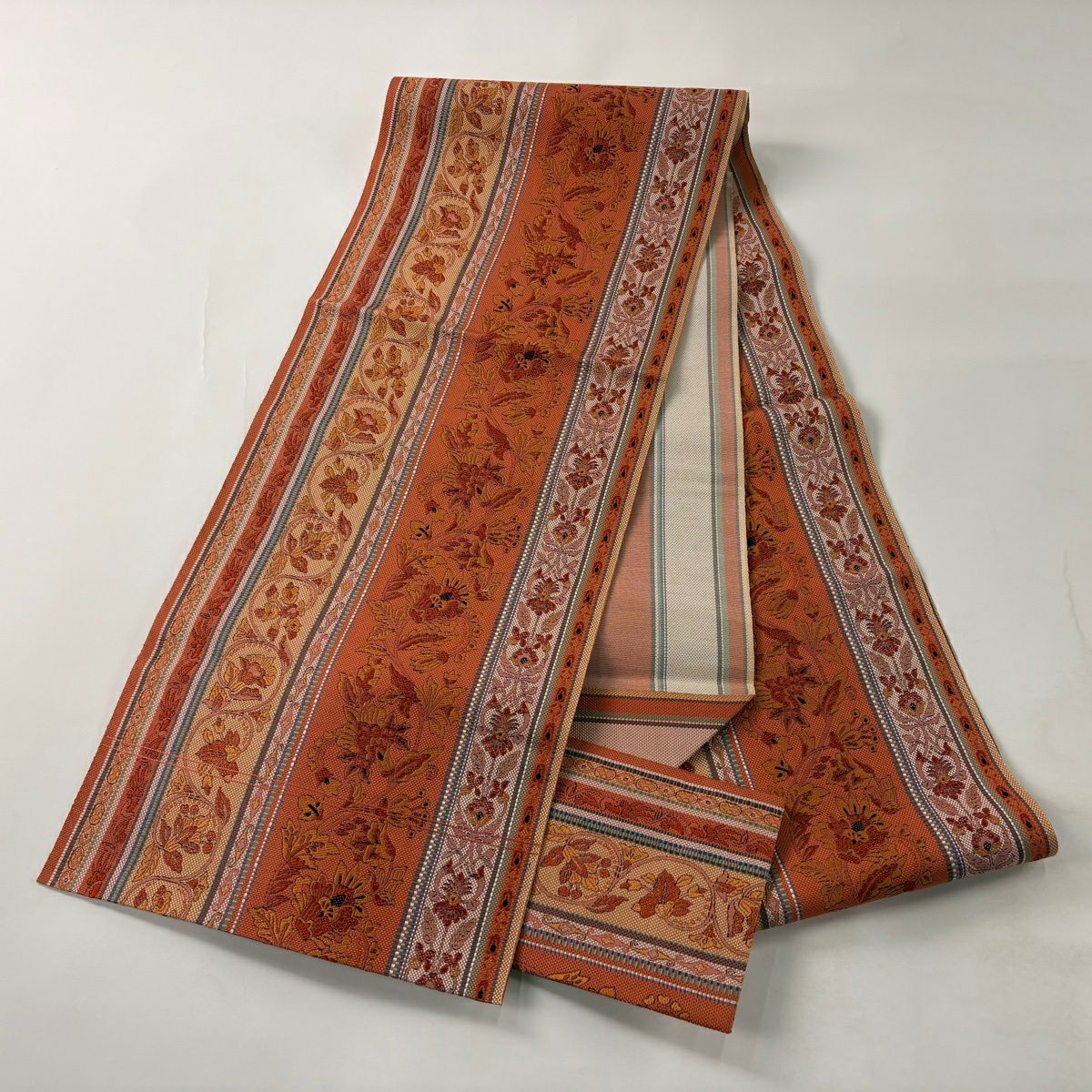 【美品】名古屋帶 秀品級 松樹葉仕立 八寸名古屋帶 縞 花唐草紋 橙色 純蠶絲
