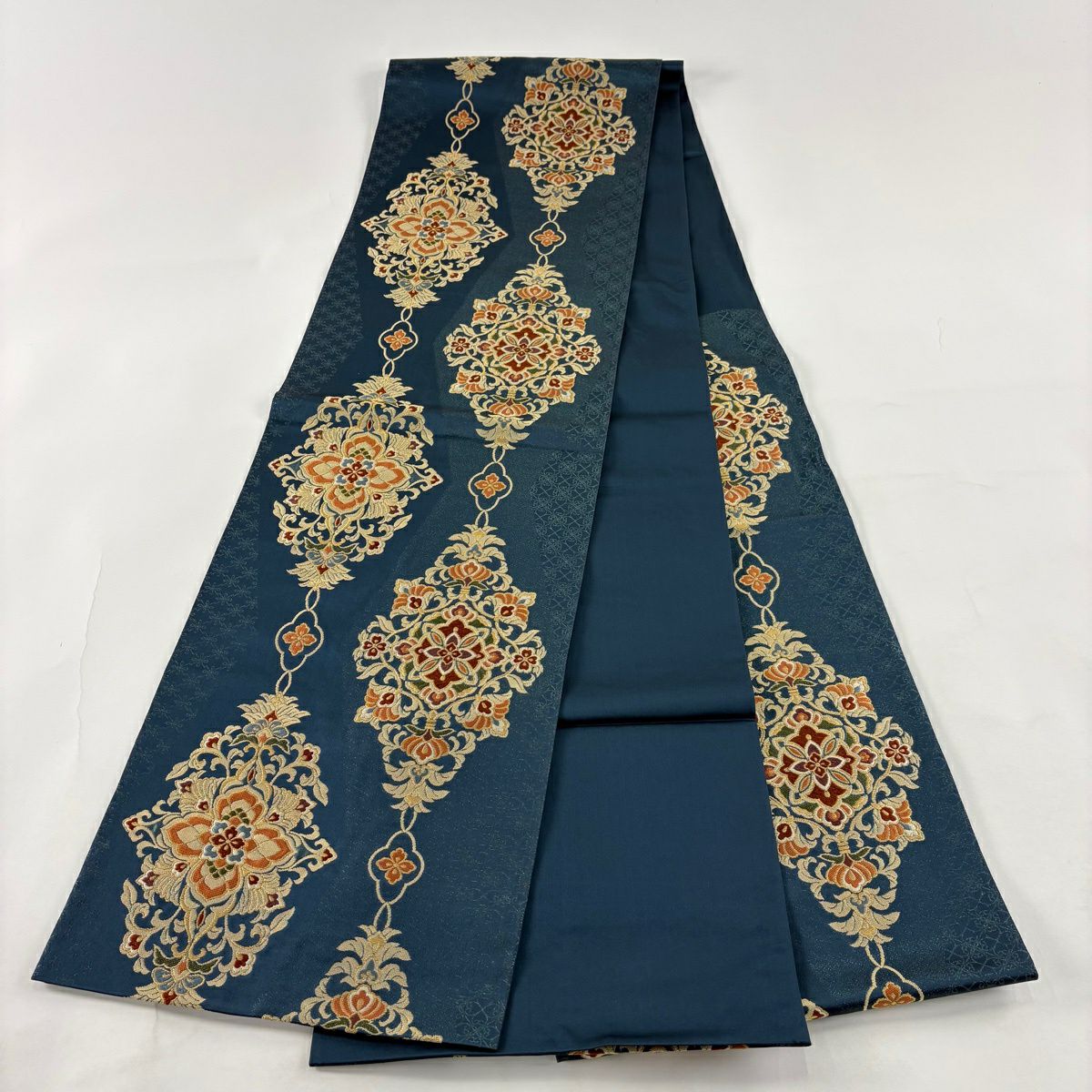 【美品】 袋帶 秀品級 鈴乃屋 華紋 金糸 青綠 六通 純蠶絲
