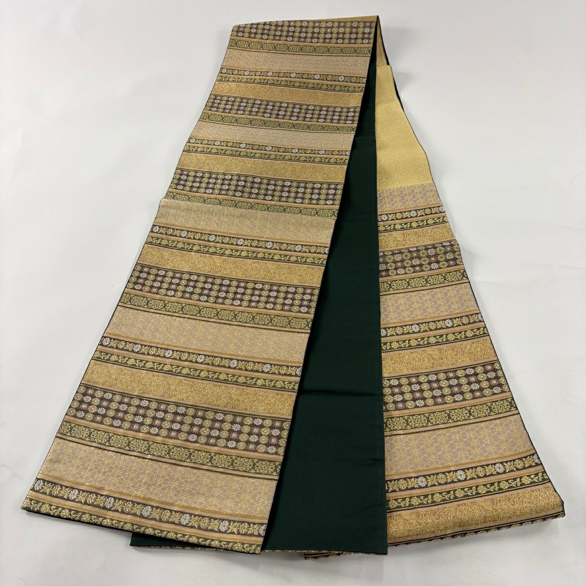 【美品】 袋帶 優品級 草花紋紋 條紋 金絲 金 六通 純蠶絲