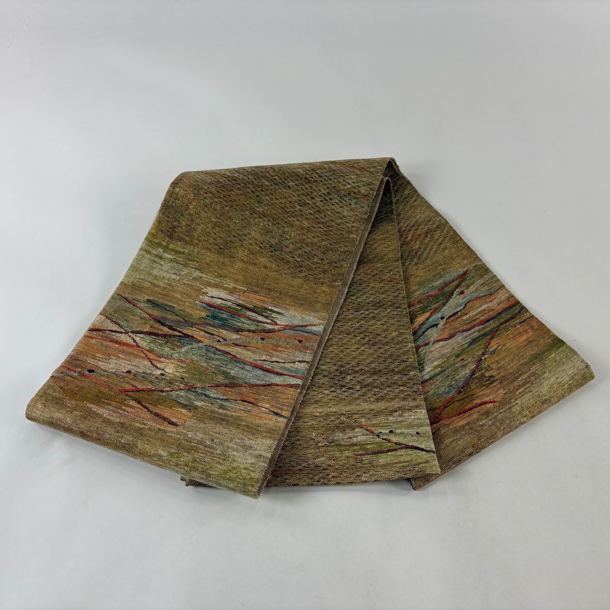 【美品】 袋帶 秀品級 霞 幾何學圖案 金絲 金色 大鼓圖案 純蠶絲