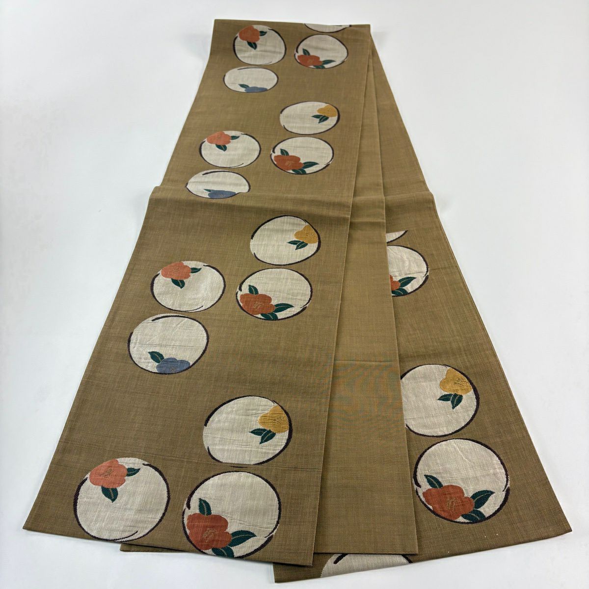 【美品】 袋帶 秀品級 落款あり 椿 丸文 茶 六通 純蠶絲