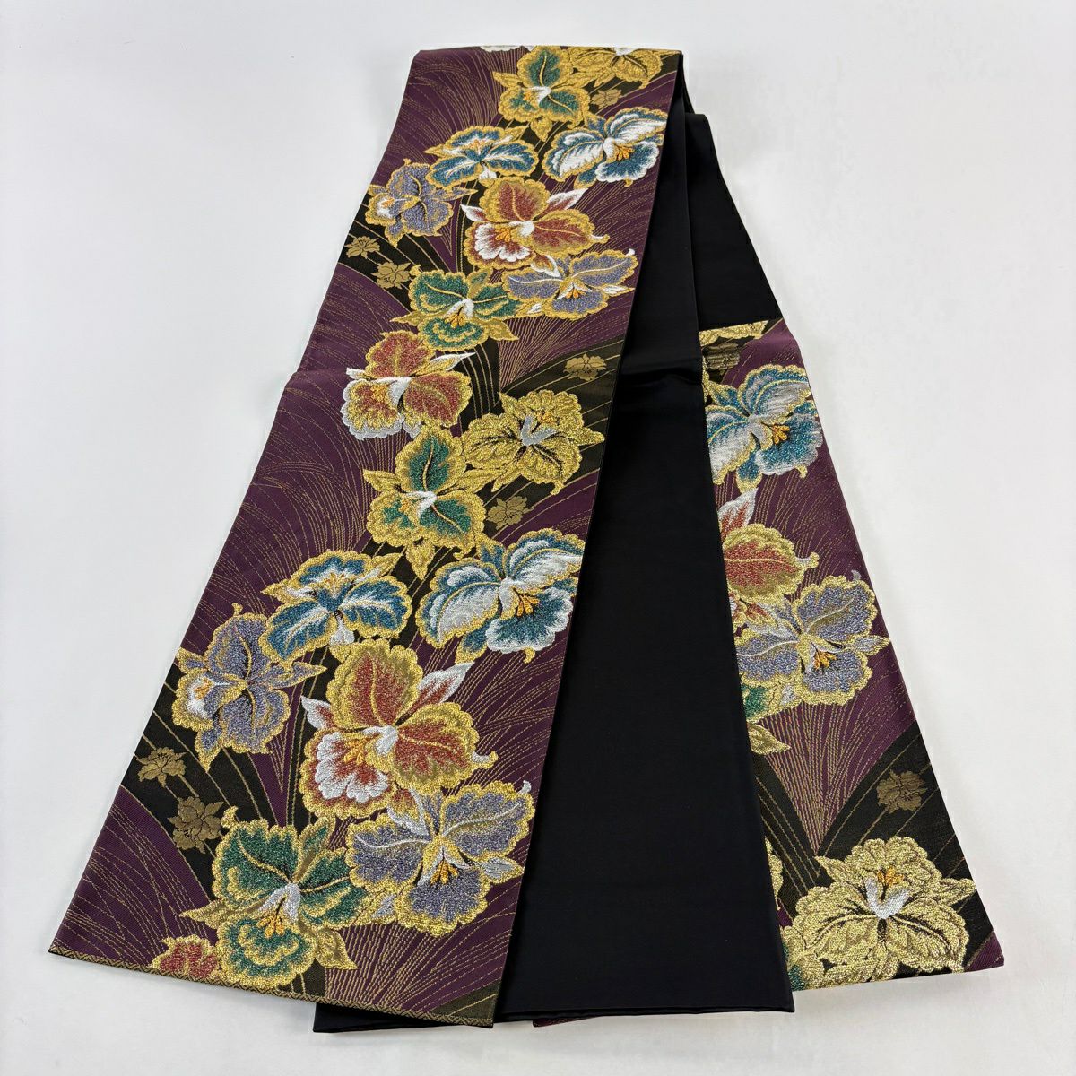 【美品】 袋帶 優品級 草花紋紋 金金箔 金絲 深紫 六通 純蠶絲