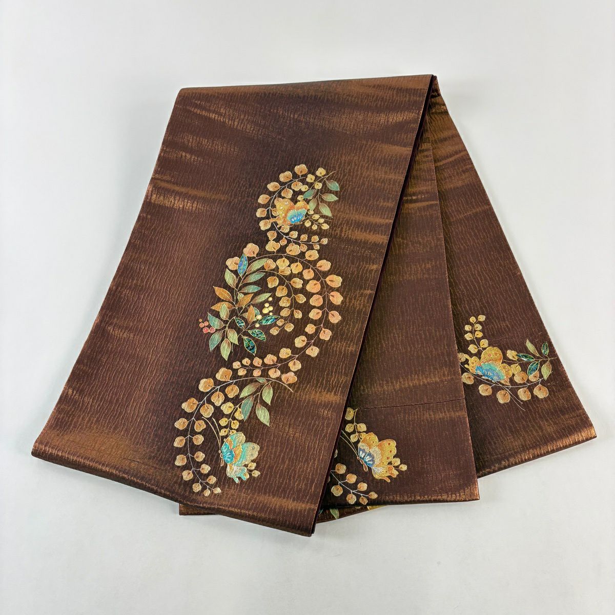袋帶 秀品級 葉與實 蝴蝶 螺鈿 金銀彩 金茶 大鼓圖案 純蠶絲