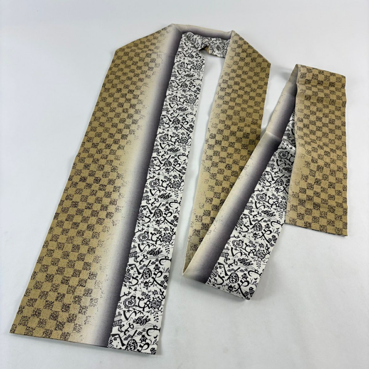 【美品】名古屋帶 秀品級 紬織織 市松樹 文字文 漸變 黃土色 純蠶絲