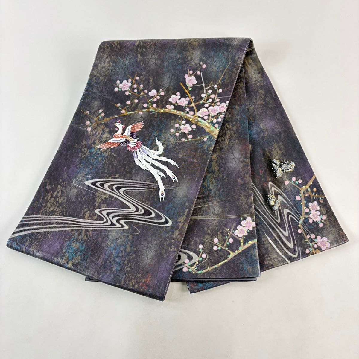 【美品】 袋帶 秀品級 落款あり 鳥 流水 金金箔 金銀彩 紫 お太鼓柄 純蠶絲