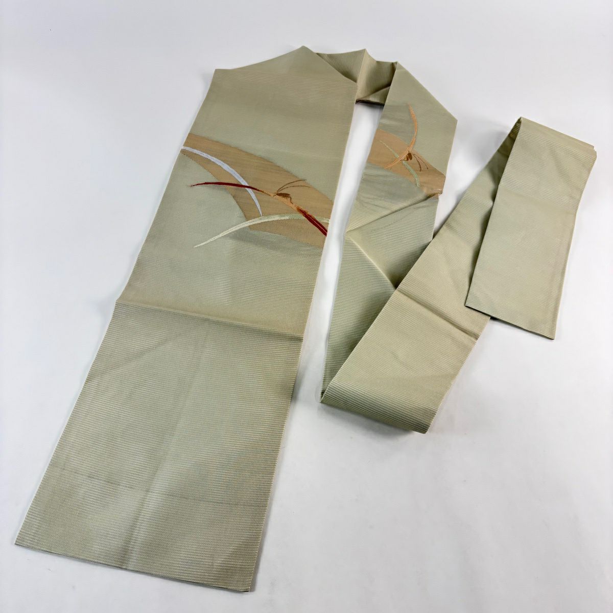 名古屋帶 秀品級 夏帶 絽 鈴蟲 葉紋 金金箔 灰綠 純蠶絲