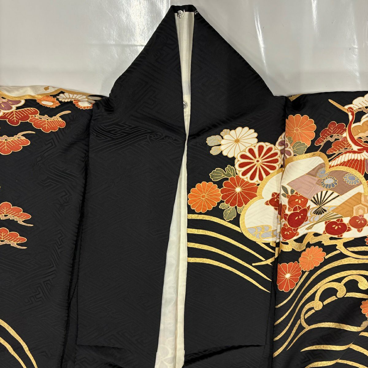 振袖禮服 身長168.5cm 袖長67cm M 雙層 松樹梅花 御所車 金絲 金銀彩 黑 純蠶絲 秀品級