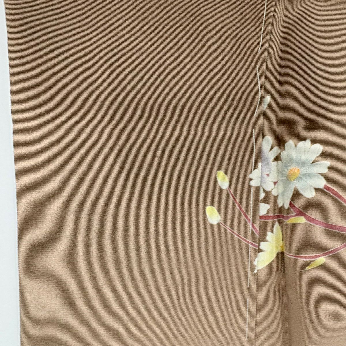 【美品】訪問服 身長161.5cm 袖長63.5cm S 雙層 落款あり 草花紋 葉柄 染分 ぼかし 薄茶 純蠶絲 秀品級