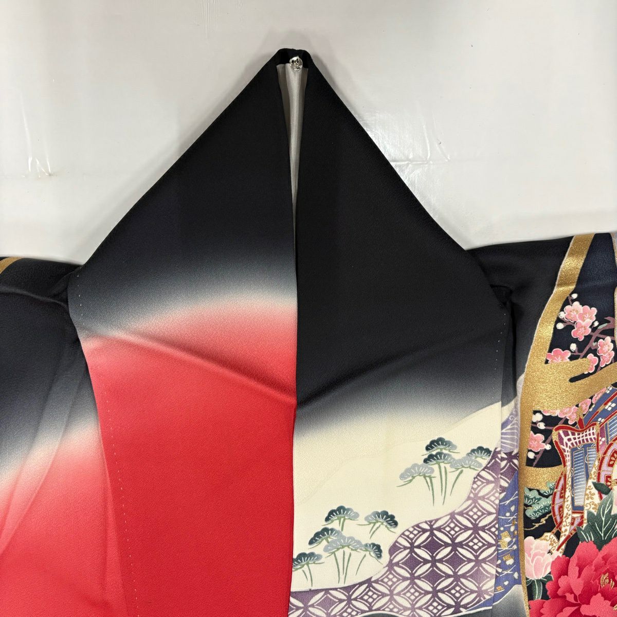 振袖禮服 身長156.5cm 袖長63.5cm S 雙層 草花紋紋 仙鶴 奶油色 純蠶絲 優品級