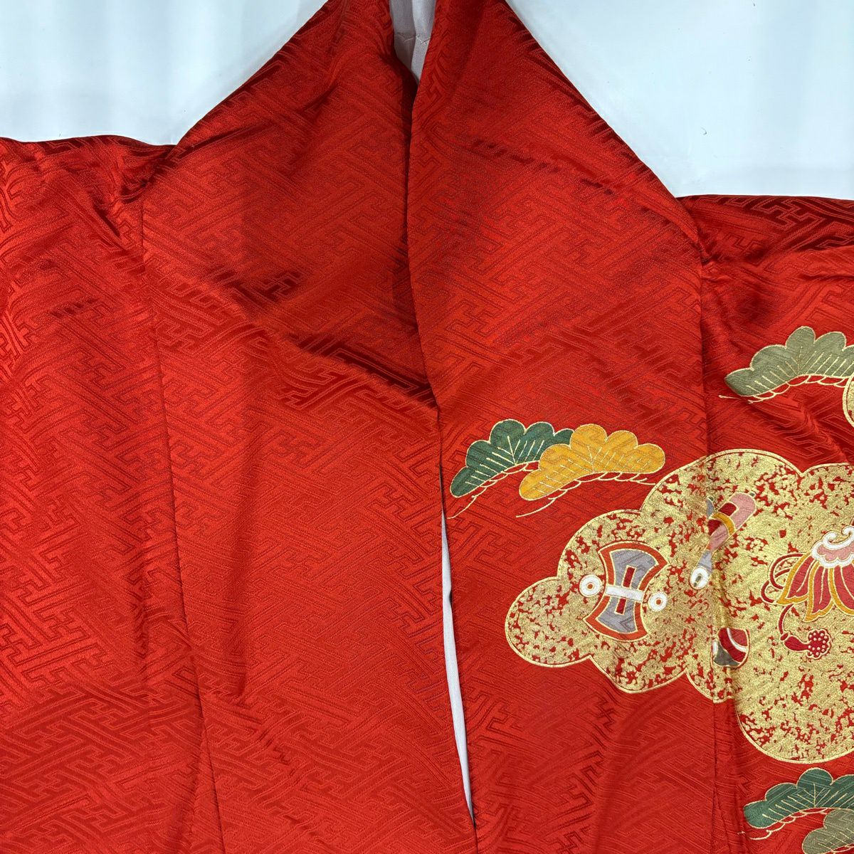振袖禮服 身長163.5cm 袖長63cm S 雙層 寶盡くし 梅花 金絲 金銀彩 朱 純蠶絲 優品級