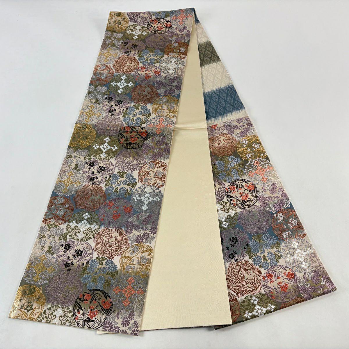 【美品】 袋帶 秀品級 華紋 花丸文 金金箔 米色 六通 純蠶絲