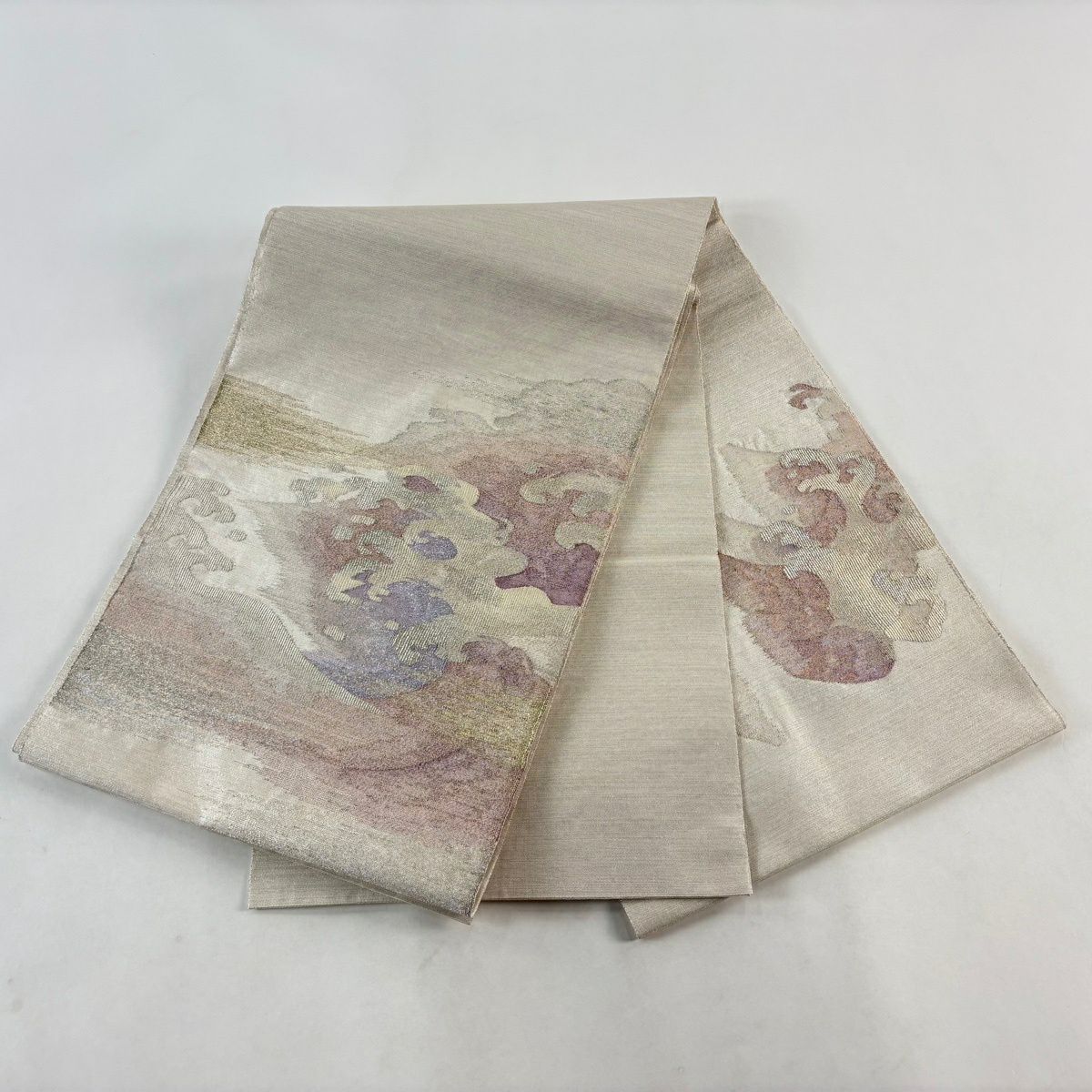 【美品】 袋帶 秀品級 波頭 霞 金銀糸 銀通 灰白 大鼓圖案 純蠶絲