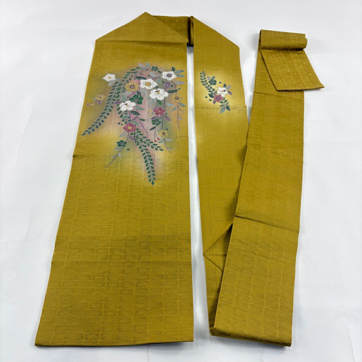 【美品】名古屋帶 秀品級 椿 櫻花 金銀彩 芥末色 純蠶絲