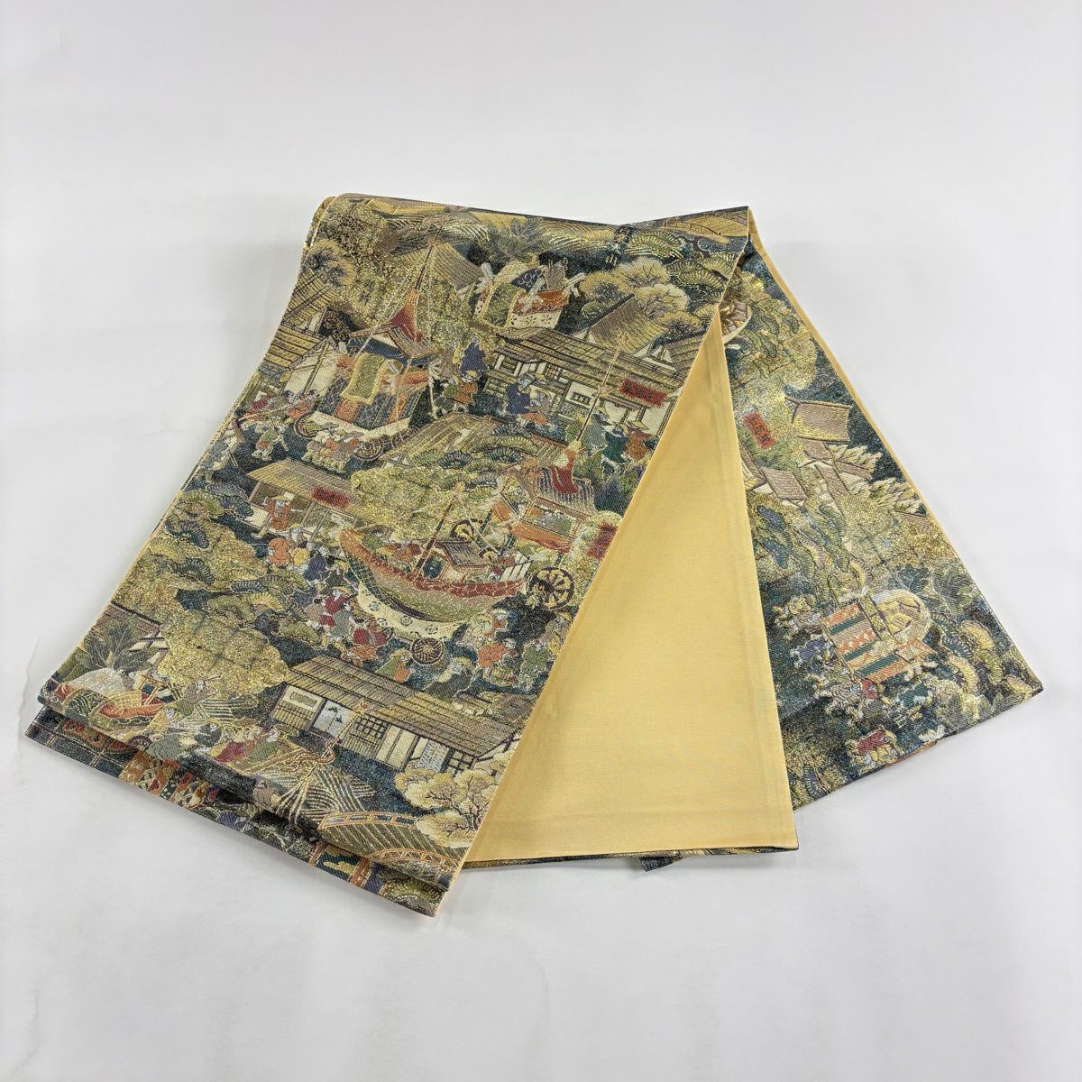 【美品】 袋帶 秀品級 本金金箔 祇園社山鉾巡行 人物 金金箔 金絲 金色 大鼓圖案 純蠶絲