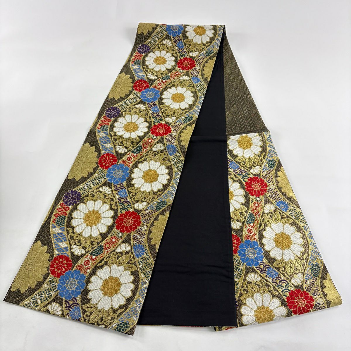 【美品】 袋帶 秀品級 立涌 菊花唐草紋 金金箔 唐織 墨 深藍 六通 純蠶絲