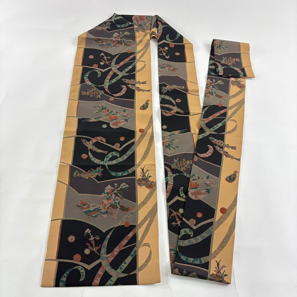 【美品】名古屋帶 秀品級 生物 魚 金彩裝飾 山吹茶 純蠶絲