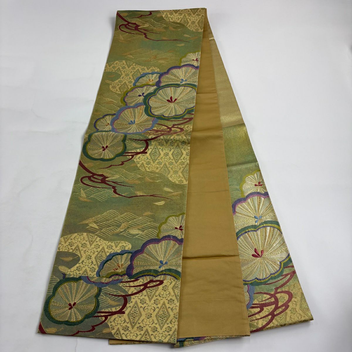 【美品】 袋帶 秀品級 松樹 菱 金絲 金金箔 金 六通 純蠶絲